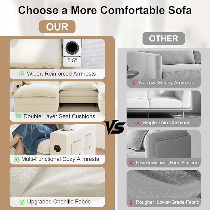 116 Modular Sectional Sofa L Shaped Cloud Couch with Movable Ottoman Chenille Deep Seat Cloud Sofa with Charging Station Cup Holder Side Pocket Sectional Couches for Living Room Beige