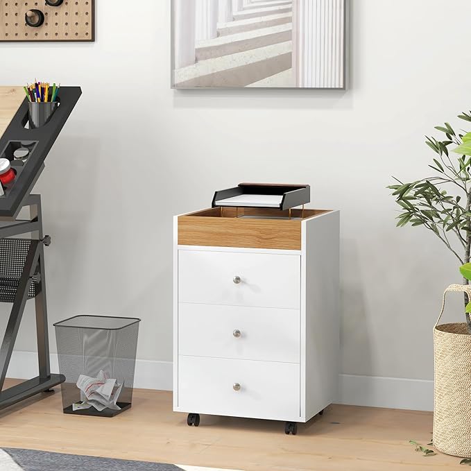 3 Drawer Small File Cabinet with Lock Under Desk Locking Filing Cabinet Storage Organizer for Home OfficeModern Filing CabinetsWhite