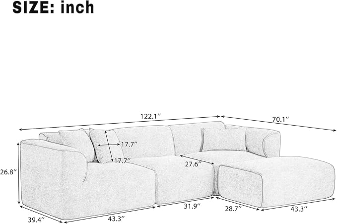 Luxury Living Room Double-Needle Cut Velvet Sofa 4-Seater with Pure Sponge Seat Cushions A Detachable Footstool and 3 Throw Pillows L Shaped Polyester Sofa for Living Rooms (Green-EK99)