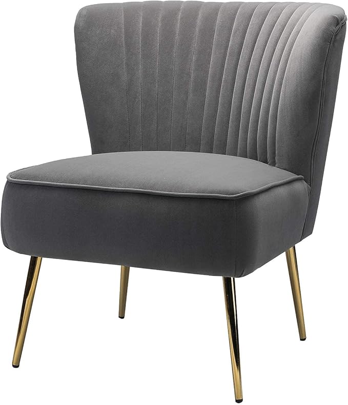 HULALA HOME Velvet Accent Chair Modern Upholstered Cute Side Chair with Gold Metal Legs Armless Wingback Slipper Chair Comfy Living Room Chair for Bedroom Guest Room VanityGrey