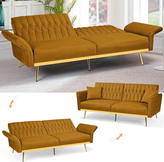 70” Velvet Futon Sofa Bed with 2 Pillows and Adjustable Armrests Convertible Sleeper Bed W/Adjustable Backrests Modern Loveseat for Living Room Bedroom Ginger