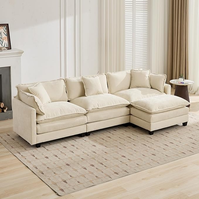 Beige Ottoman for Modular Sectional Sofa Chenille Fabric Cloud Couch Ottoman Oversized Sectional Seating for Living Room Bedroom Apartment Sofas para Sala
