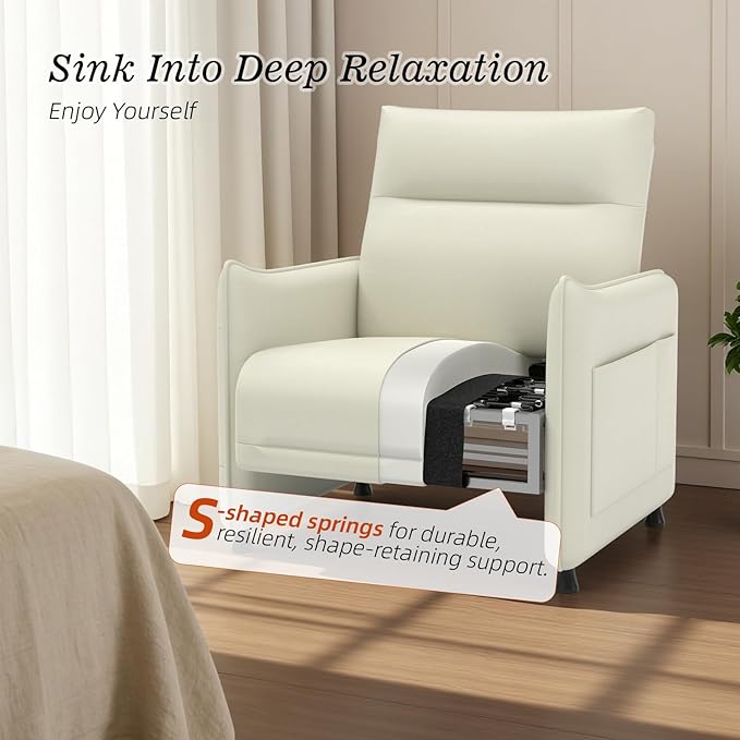 Faux Leather Accent Chair Sofa for Living Room with Flip-Up Tray Table Side Pocket Ergonomic Soft Backrest &amp Elastic CushionBeige