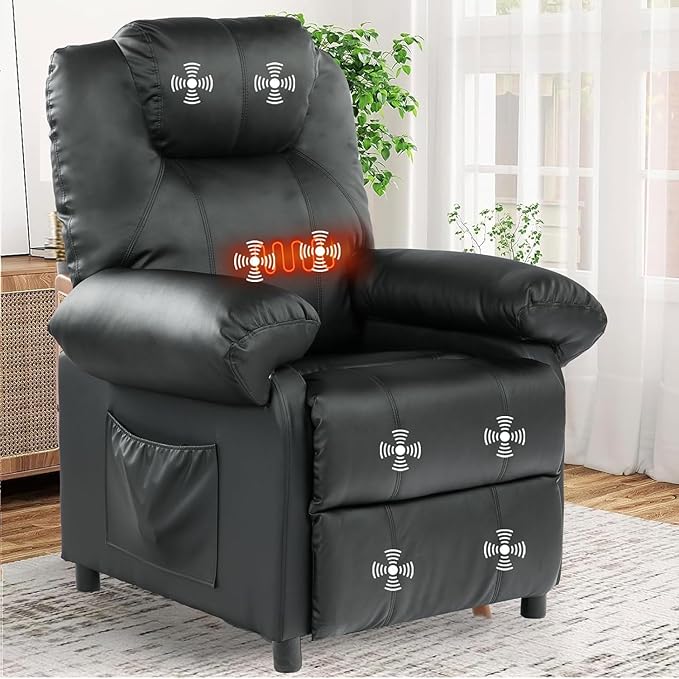 KCREAM Faux Leather Recliner Chair with Massage and Heat Mid Century Overstuffed Manual Reclining Chair Massaging Push Back Recliner Chair Single Sofa for Living Room Black