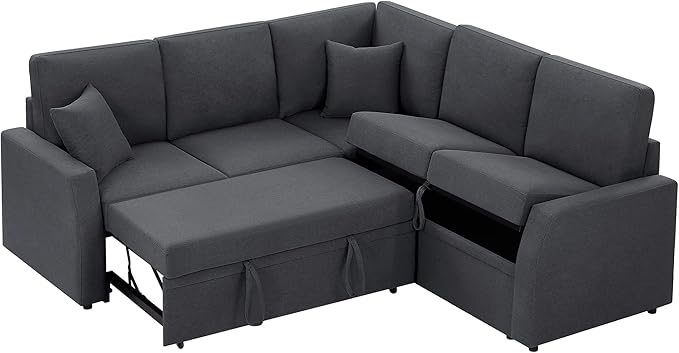 AMERLIFE Sofa Bed 85 Inch Reversible L Shape Couch with Pull Out Bed &amp Storage Seat Oversized Sectional Sleeper Bed for Living Room Apartment Grey Linen Sleeper Sofa Couch
