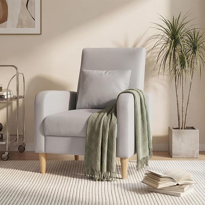 COLAMY Mid-Century Modern Upholstered Accent Chair with Back Pillow &amp Solid Wood Legs Leather Cozy Armchair for Living Room Bedroom Reading Nook Apartment &amp Small Spaces Lightgrey