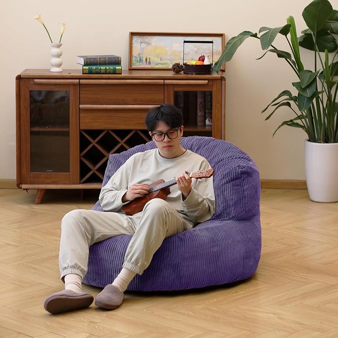 N&ampV Large Crescent Bean Bag Chair Adult Size Bean Bag Sack Foam Filling Soft Premium Corduroy Bean Bag for Living Room Bedroom Dorm and Office (Future Dusk)