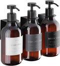 Shower Shampoo Dispenser Wall Mounted – 3 Refillable 16.9 oz Amber Bottles with Stainless Steel Pumps &amp No-Drill Adhesive Holders – Soap Dispenser Set for Bathroom (3 X Amber/Black)