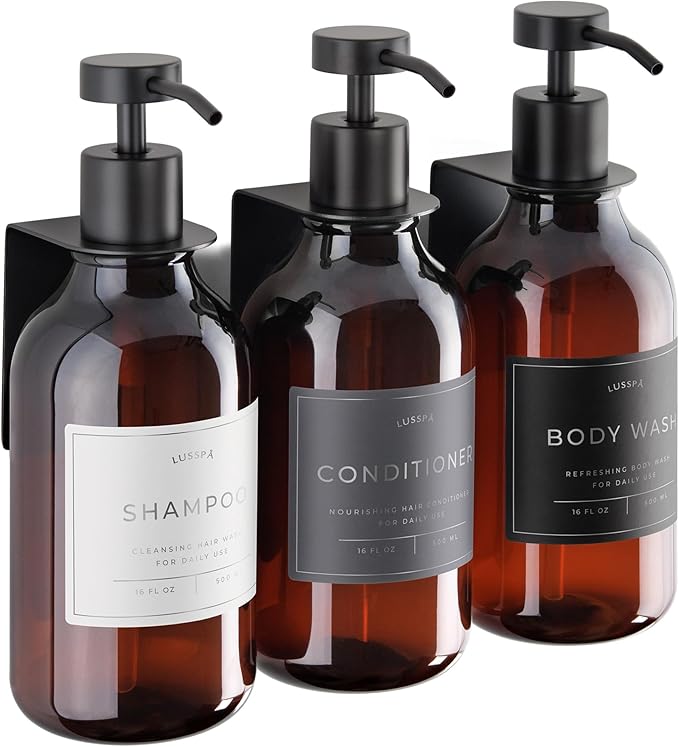 Shower Shampoo Dispenser Wall Mounted – 3 Refillable 16.9 oz Amber Bottles with Stainless Steel Pumps &amp No-Drill Adhesive Holders – Soap Dispenser Set for Bathroom (3 X Amber/Black)