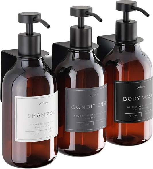 Shower Shampoo Dispenser Wall Mounted – 3 Refillable 16.9 oz Amber Bottles with Stainless Steel Pumps &amp No-Drill Adhesive Holders – Soap Dispenser Set for Bathroom (3 X Amber/Black)
