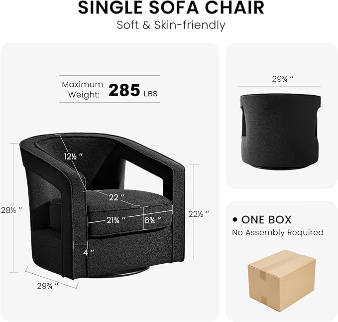 Furniliving Chenille Swivel Accent Chair for Living Room Upholstered Barrel Chair with Curved Back Comfortable Reading Chair for Bedroom Balcany Home Office Black Set of 2