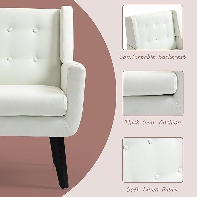 AVAWING Accent Chair Comfy Button Tufted Armchair with Wood Legs Modern Fabric Single Seat Side Reading Chair for Living Room &amp Bedroom White