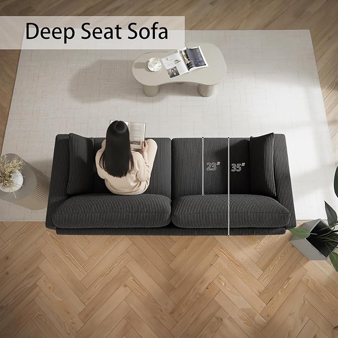 Modern Loveseat Sofa for Living Room Removable Cover Spring Cushions Solid Wood Frame Wide Armrest Corduroy Fabric Recliner Couches for Small Space (Black Corduroy 81 inch)