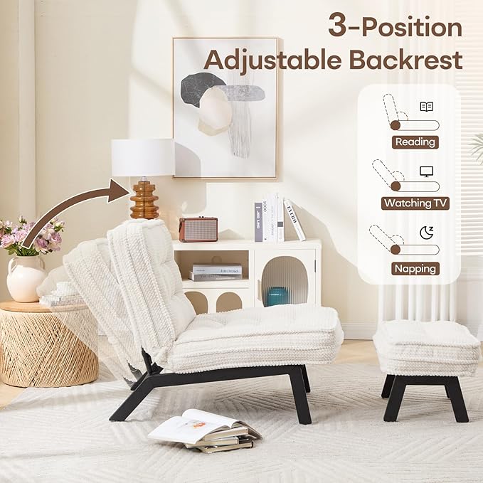 ANJ 3-Position Adjustable Accent Floor Chair with Ottoman Ergonomic Stable Lounge Chairs for Adults Thick Cushioned Comfy Reading Chair with Footrest for Living Room Bedroom White