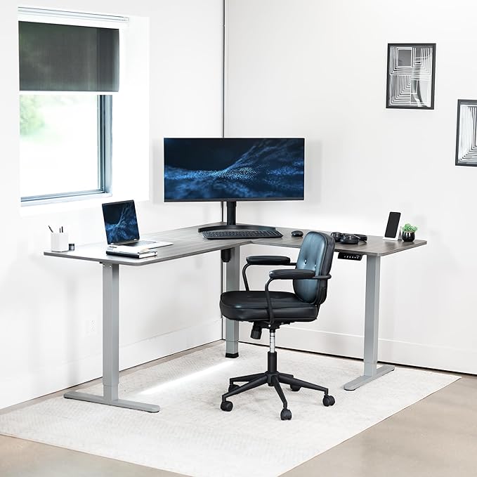 VIVO Corner Standing Desk 63 x 55 inch Reversible L-Shaped Workstation Electric Height Adjustment Home Office and Reception Rooms Dark Gray Table Top Gray Frame DESK-E3CTGG