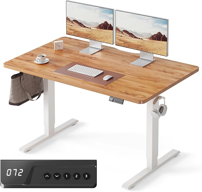 FEZIBO Standing Desk 55×28 Inches Electric Height Adjustable Sit Stand Up Computer Office Desk with Splice Board White Frame/Light Rustic TOP
