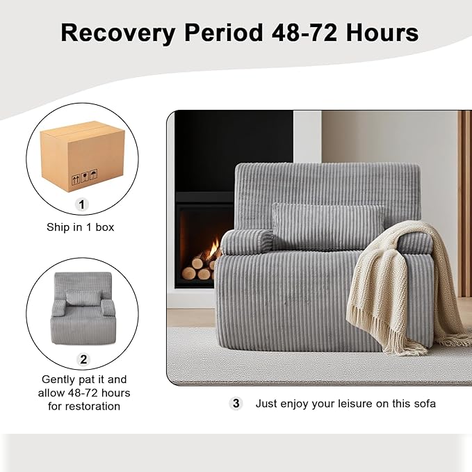 Boneless Chair for Small SpaceCorduroy Cloud Chair Foam Couch with Wide ArmrestFluffy Comfy Reading Single Sofa Chairs for Living Room Bedroom Apartment (Grey)