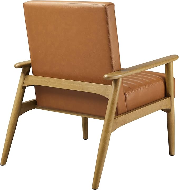 Modway Jensen Vegan Leather Accent Chair in French Oak Tan - Mid-Century Modern Armchair with Solid Wood Legs &amp Armrest - Upholstered Faux Leather Single Side Chair - Reading Chair for Living Room