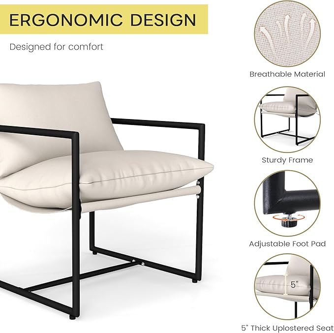 Kromax Sling Accent Chair Cozy Living Room Chairs Square Metal Frame Upholstered Soft Cushion Sponge 28 x28“x32 Easy Assembly Beige