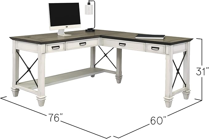 Martin Furniture Hartford Contemporary L-Shaped Wood Desk with 2 Utility Drawers Easy Assemble in Weathered White Finish
