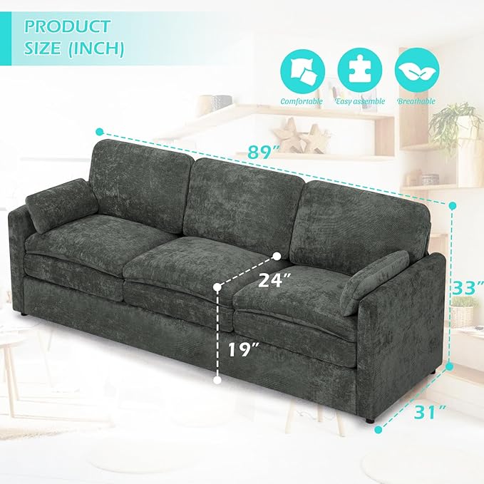 3 Pieces Chenille Sofa Set w/Arm Pillows Upholstered 2 Pieces Loveseat &amp 3 Seater Sofa w/Comfortable Back Cushions Modern 2-Seat &amp 3-Seat w/High-Density Foam for Living Room Grey
