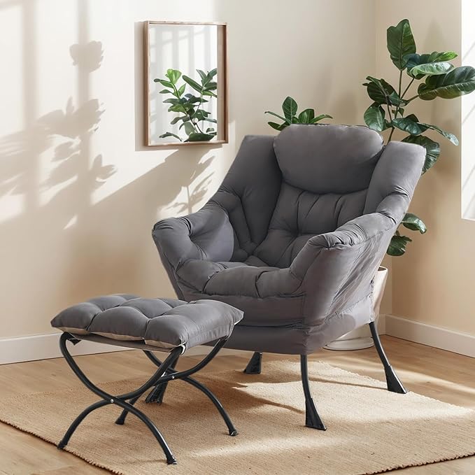 Lazy Chair with Ottoman Large Dark Grey Accent Chair with Ottoman Comfy Reading Armchair Leisure Sofa Chair for Living Room Bedroom Dorm Room Office