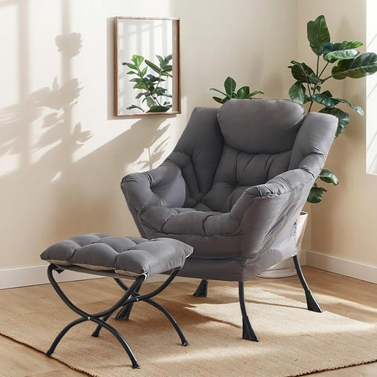 Lazy Chair with Ottoman Large Dark Grey Accent Chair with Ottoman Comfy Reading Armchair Leisure Sofa Chair for Living Room Bedroom Dorm Room Office
