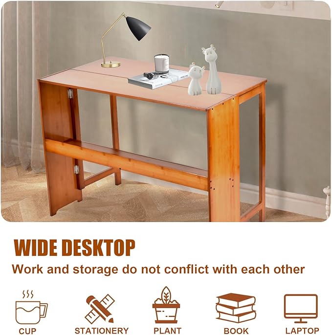 Bamboo Folding Desk with BookshelfFolding Computer Table Multipurpose Table with Bookshelf Wooden Workstation Standing Work Desk for Home and Office Living Room Bedroom Kitchen