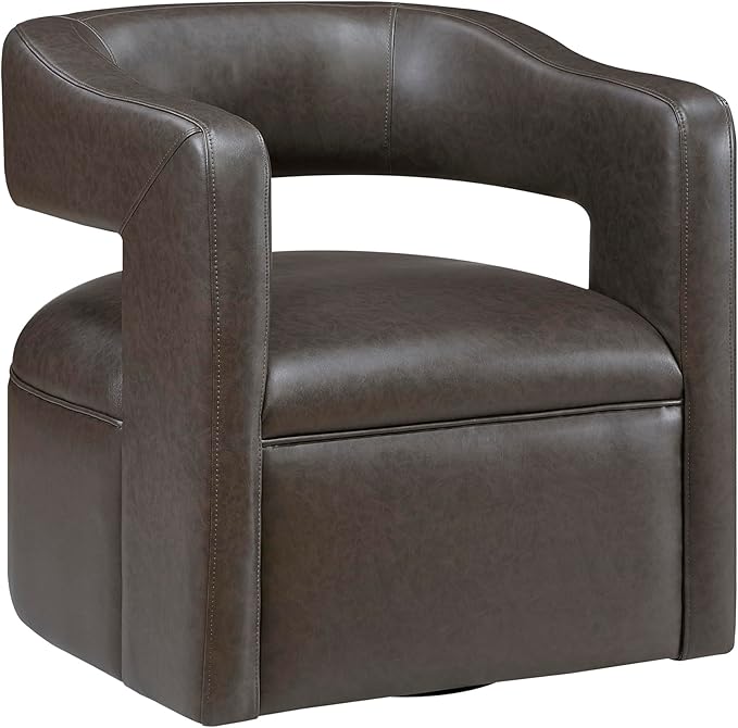 Lexicon 360 Degree Swivel Accent Chair Upholstered Modern Faux Leather Swivel Barrel Chair Attached Cushion Comfy Round Open Back for Living Room/Bedroom/Office/Apartment Assembled Dark Coffee