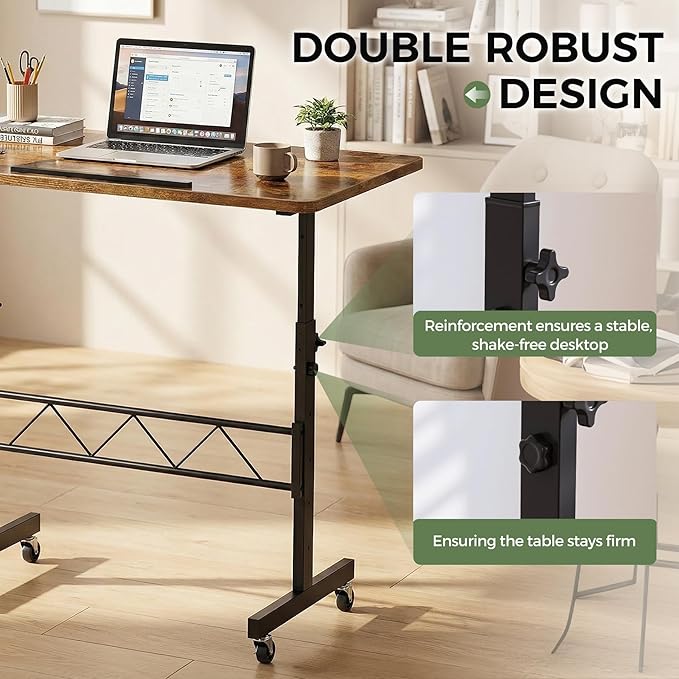 GTPLAYER Small Standing Desk Adjustable Height 30.7-46.4 Portable Computer Table Mobile Desk Workstation Stand Up Desk with Wheels Compact Rolling Table for Home Work Treadmill Walking Pad Brown