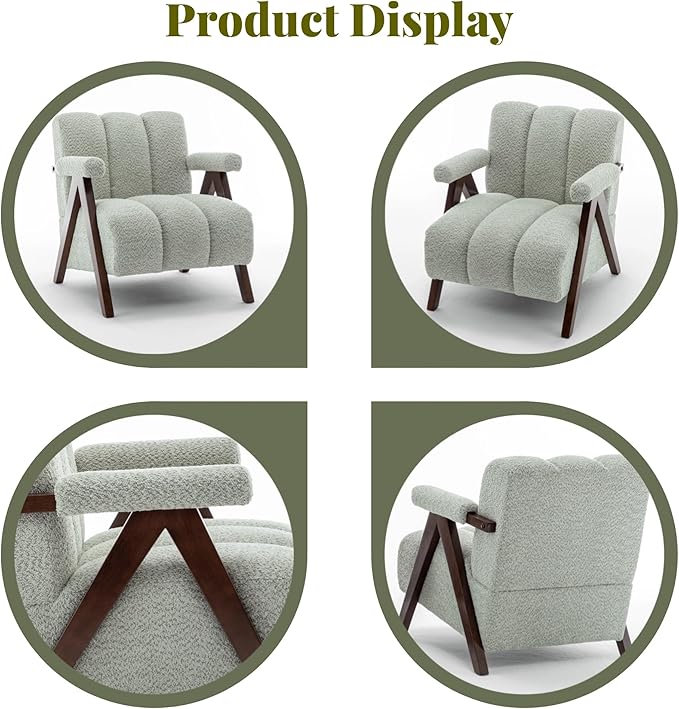 Mid Century Modern Accent Chair with Solid Wood Frame Boucle Upholstered Living Room Chairs with Thick Cushion Comfy Tufted Arm Chair for Bedroom Sage