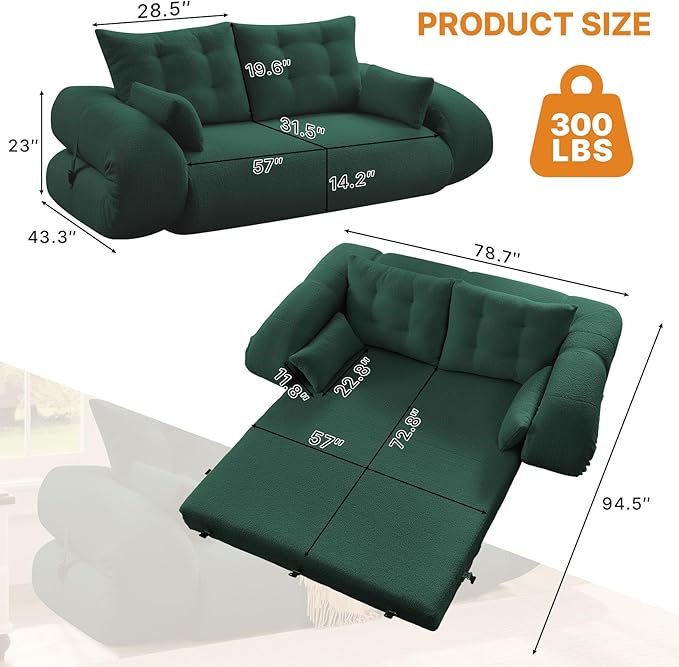 Rovibek 94 x 78 Oversized Floor Sofa with 4 Pillows 3-in-1 Convertible Sleeper Sofa Bed Compressed Couch in a Box for Living Room Apartment and Guest Roomg Green