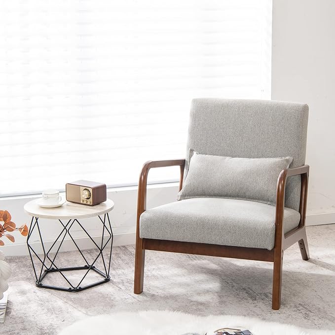 KOTEK Mid Century Modern Accent Chair with Lumbar Pillow Reading Arm Chair with Rubber Wood Frame Upholstered Seat &amp Back Waist Cushion Fabric Lounge Armchair for Living Room Bedroom (Grey)