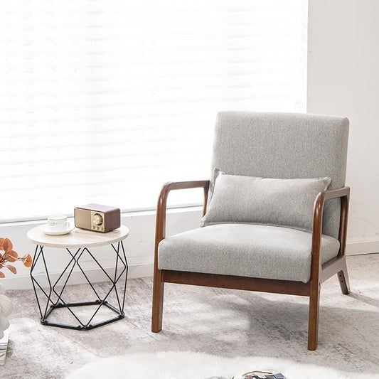 KOTEK Mid Century Modern Accent Chair with Lumbar Pillow Reading Arm Chair with Rubber Wood Frame Upholstered Seat &amp Back Waist Cushion Fabric Lounge Armchair for Living Room Bedroom (Grey)