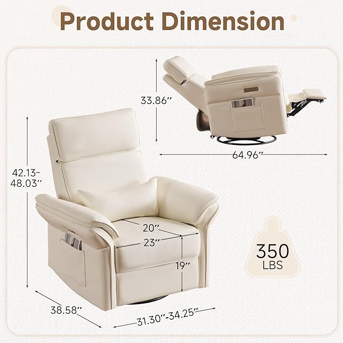 MELLCOM Power Recliner Rocking Chair Nursery Gliders with Adjustable Armrests and Headrest Swivel Electric Glider Reclining Nursing Chair with Storage Bags and USB Port FSC Certified(Beige Leather)