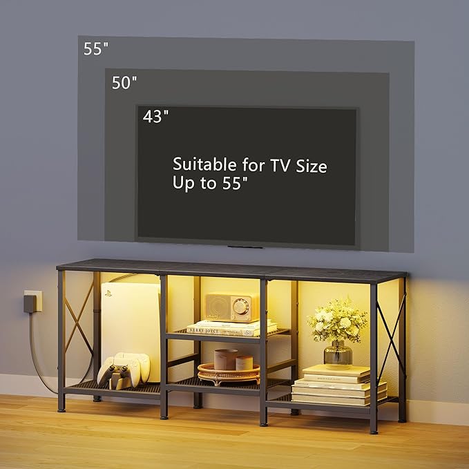 TV Stand with LED Lights for 55 Inch TV Entertainment Center with 3-Tier Open Shelves TV Console Table for Living Room Bedroom Black