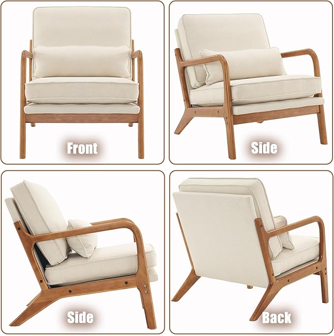 Mid Century Modern Accent Chair with Wood Frame Upholstered Lounge Linen Fabric Armchair Comfy Reading Leisure Chair with Cushion for Living Room Bedroom Balcony (Beige Set of 2)