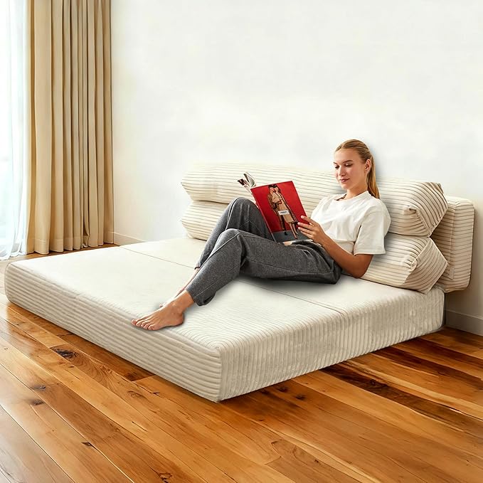 Convertible Sofa Bed Folding Sofa Bed Couch Pallout Floor Couch Convertible Futon Chair Beds Floor Teddy Sofas Mini Couch for Bedroom Love Seat Sleeper Beds(Beige White51.1×39.3×23.6)