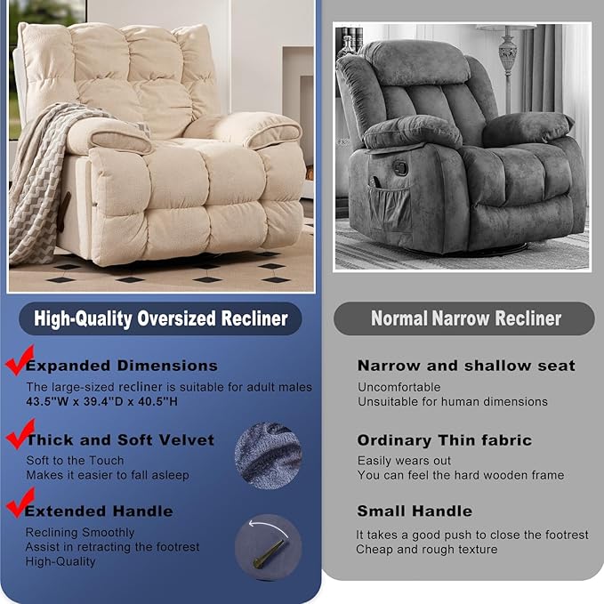 SITJOY Oversized Power Swivel Rocker Recliner Chair Overstuffed Extra Wide Rocking Chair for Big and Tall Glider Recliner Nursery Chair USB Charging Soft Breathable Fabric in Beige Power