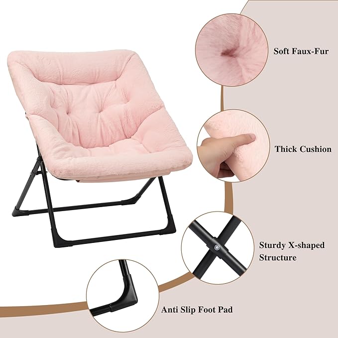 Comfy Saucer Chair for Adults Soft Faux Fur Bedroom Chair Accent Dorm Chairs Flexible Living Room Reading Chairs Oversized Folding Seat for Teens X-Large Light Pink