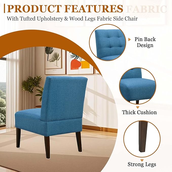 Modern Accent Chair for Living Room Upholstered Armless Slipper Chair with Back &amp Wood Legs Comfy Small Chair for Bedroom Living Room Reading Spaces Office (Blue2)