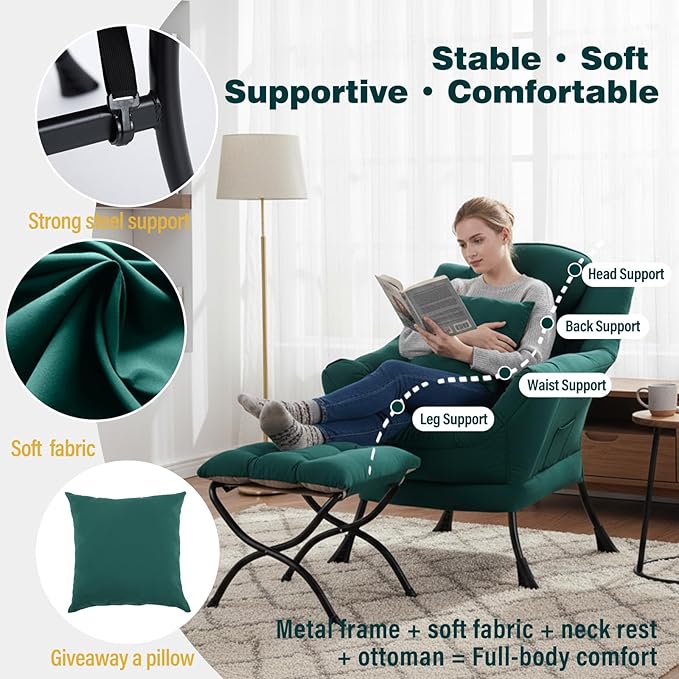 Lazy Chair with Ottoman Large Accent Chair with Ottoman and a Throw Pillow Dark Green Reading Chair for Living Room Bedroom Dorm Room Office Apartment Relaxing Use