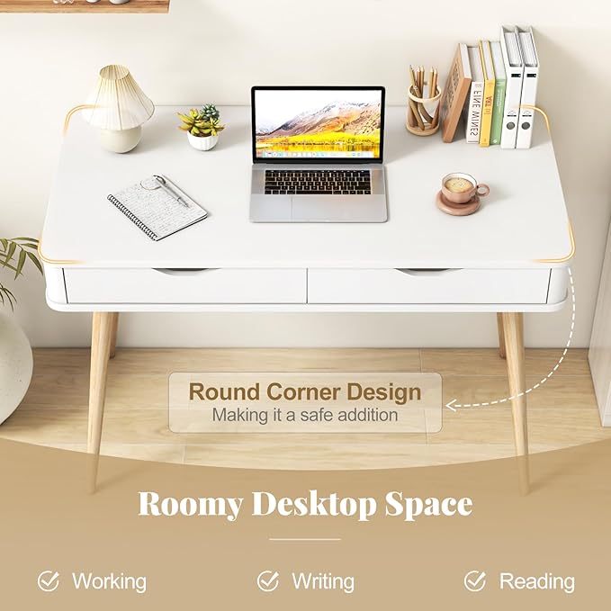 Giantex Mid-Century Desk with 2 Drawers 43.5 Writing Study Desk with Solid Rubber Wood Legs Home Office Computer Workstation PC Laptop Desk Modern Makeup Vanity Table for Bedroom (White &amp Natu