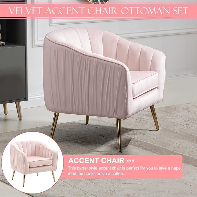 Velvet Accent Sofa Chair with Ottoman Comfy Living Room Chairs with Adjustable Legs Modern Upholstered Tufted Lounge Barrel Chair Ottoman Set for Bedroom Home Office (Pink)