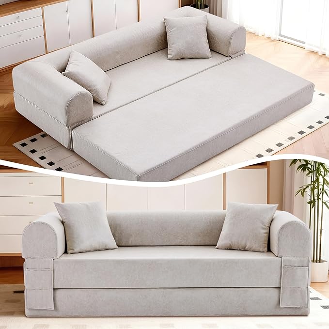 4-in-1 Folding Convertible Sofa Bed 78 Inch Faux Leather Boneless Couch Loveseat Sleeper with Pull Out Bed Floor Sofa Modular Futon Teddy Sofa for Living Room Bedroom Lounge Beige