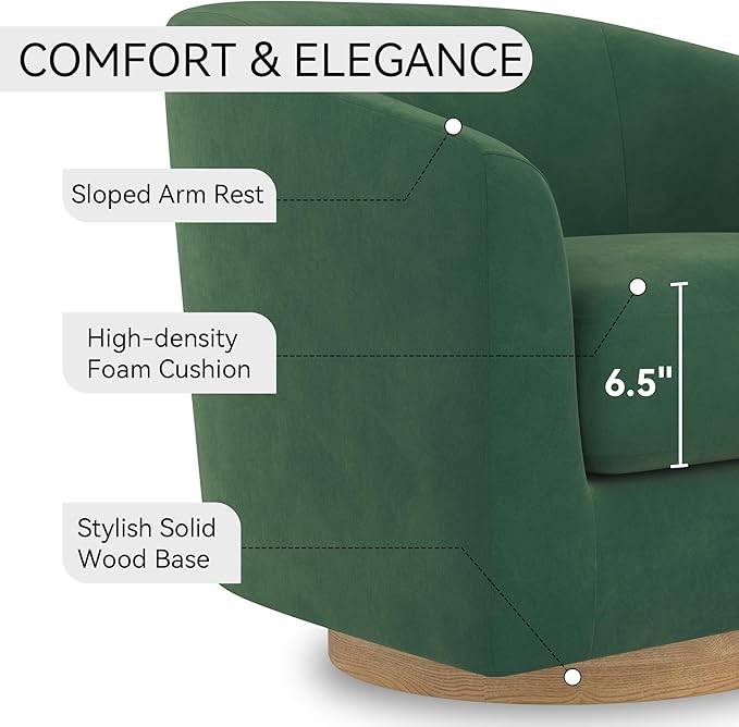 Swivel Barrel Accent Chair with Solid Wood Base Round Velvet Living Room Arm Chairs Modern Upholstered Comfty Reading Nook Chairs for Bedroom Club Armchair Single Sofa Side Chair Green