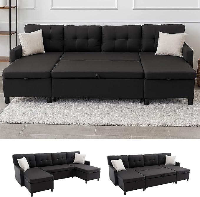 Sleeper Sofa Couch Oversized Pull Out Couch Bed with Storage Chaise Sectional Sleeper Sofa Bed for Living Room (Black Double Chaise)