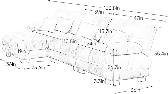 Modular Sectional Sofa Comfy Sofa with Ottoman Cloud Couch 3 Seater Couch for Living Room Modern L Shaped Sleeper Deep Seat with 5 Pillows Chenille Blue