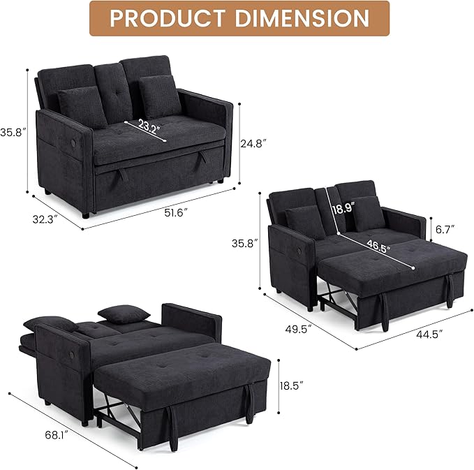 Convertible Sofa Bed 3-in-1 Sleeper Sofa with Pull-Out Bed Chenille Couch Folding Loveseat USB Ports &amp Adjustable Backrest Modern Loveseat for Living Room Apartment Black