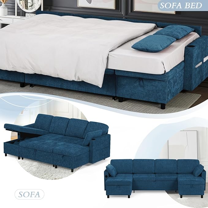 110 Sectional Pull Out Sofa Bed with Adjustable Backrests U-Shaped Sleeper Sofa with USB Ports Upholstered Reversible Couch with Cup Holder &amp Storage Space for Living Room House Blue
